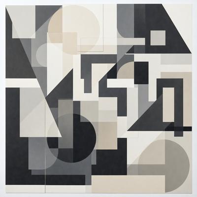 The primary subject of the image is a large, abstract art piece featuring a combination of black and white squares, circles, and triangles. The setting is a white wall, which serves as the background for the artwork. The visual style of the piece is a mix of digital art and illustration, creating a unique and intriguing pattern. The dominant colors in the artwork are black and white, giving it a modern and minimalist appearance.